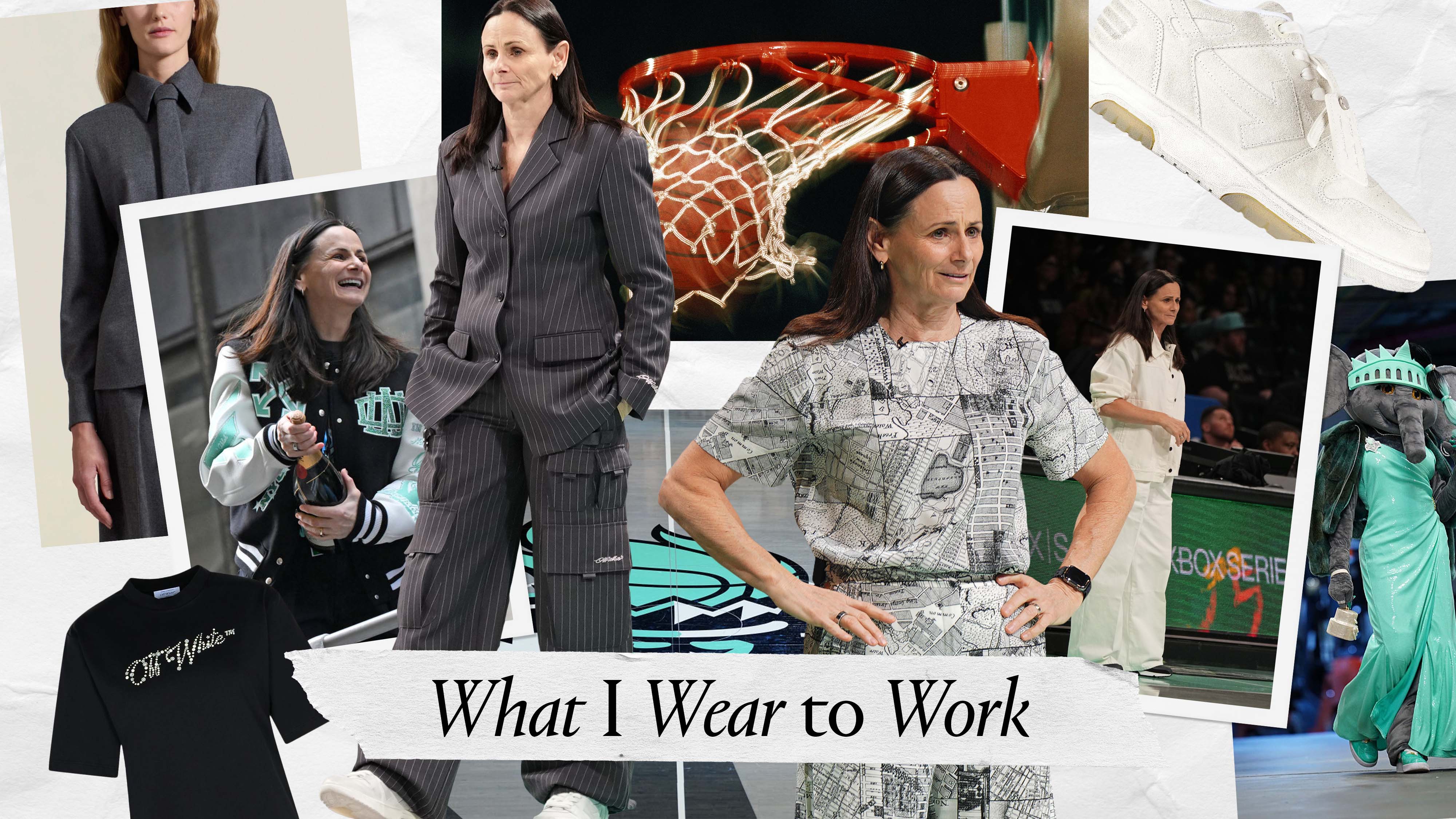 A graphic of Sandy Brondello New York Liberty Head Coach wearing outfits with basketball imagery and fashion items