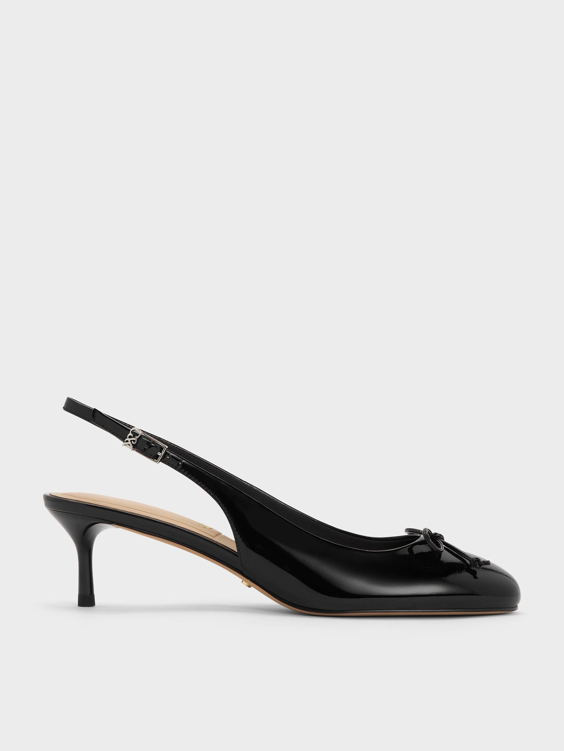 Charles & Keith, Aretha Patent Leather Bow Slingback Kitten Heels