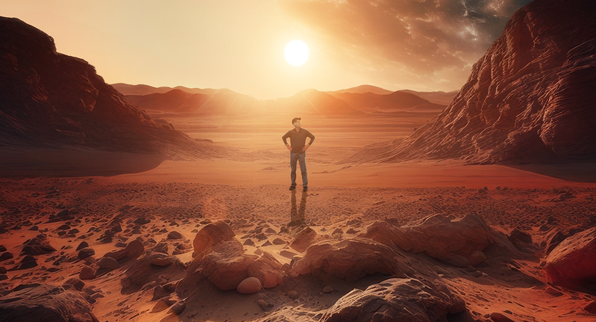 a man stands on a Martian landscape with the sun shining behind him