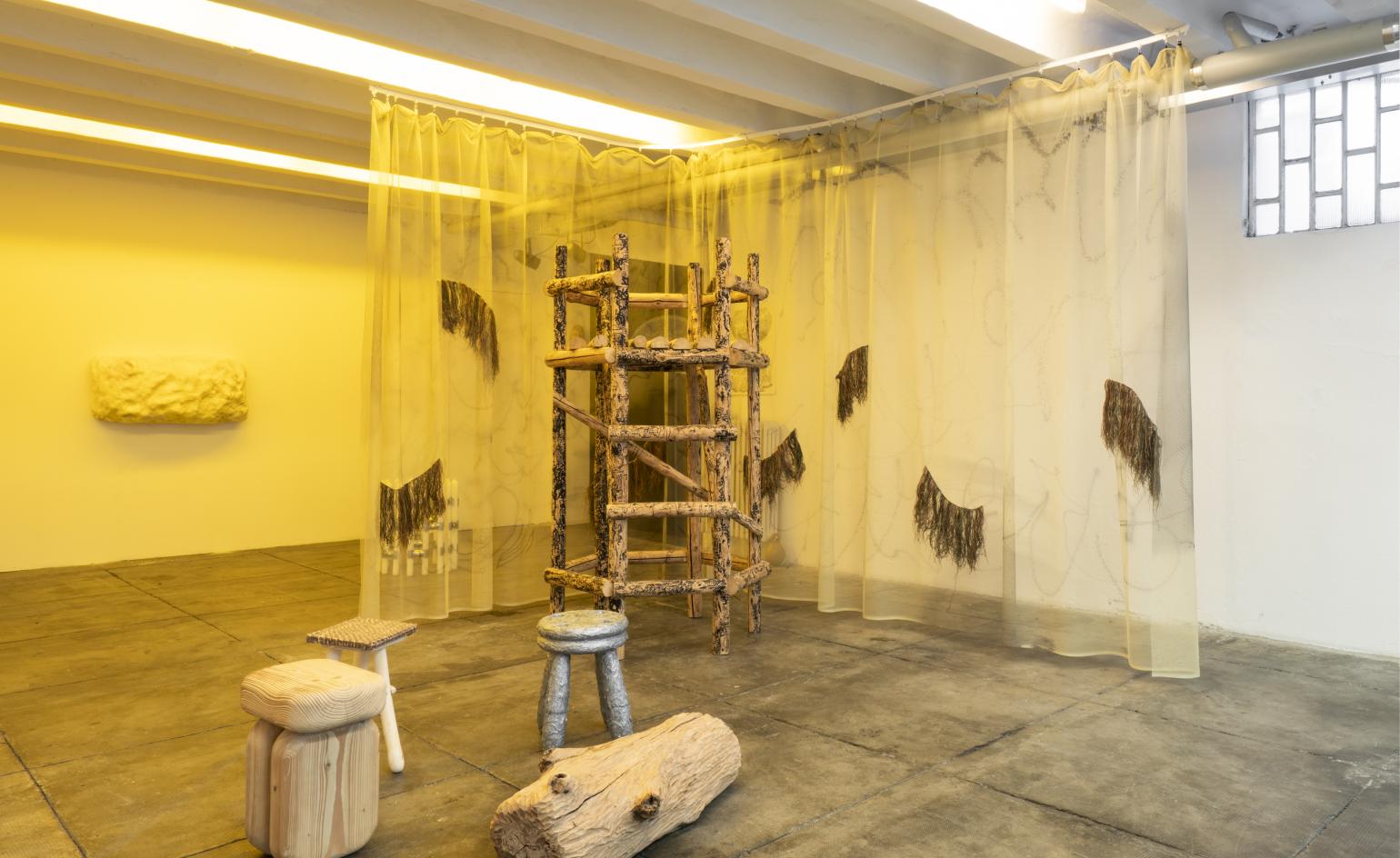 Installation view of ‘Cabin’, with work by Lisa Ertel and Jannis Zell