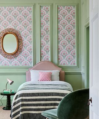 Bedroom paint ideas with green painted panelling and wallpaper sections