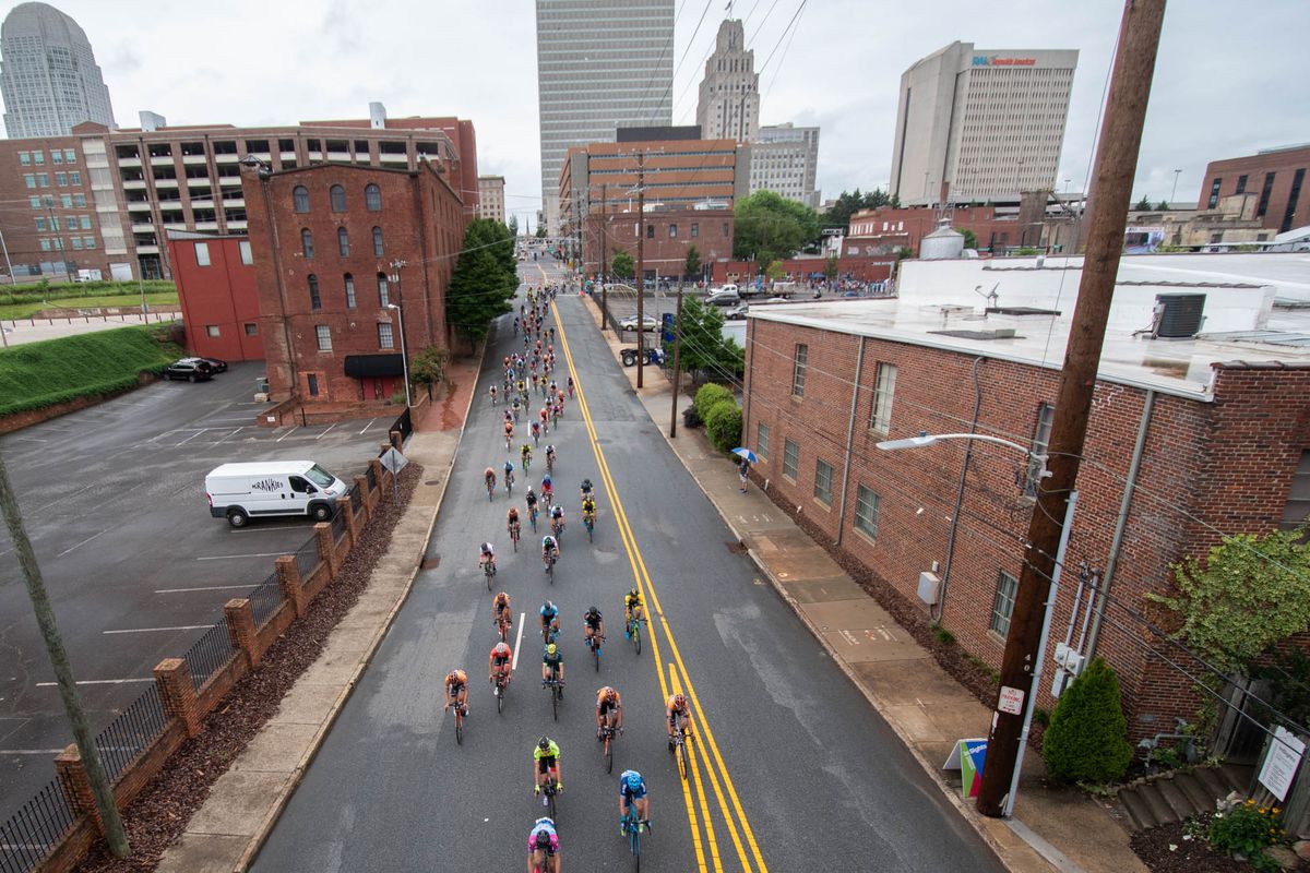 The mens field spreads out through downtown Winston-Salem during the Winston-Salem Cycling Classic