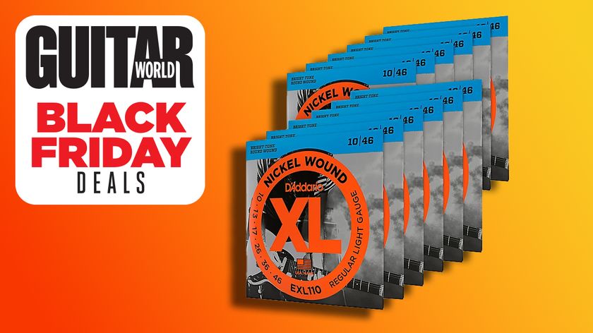 12-pack of D&#039;Addario XL strings against an orange-yellow background