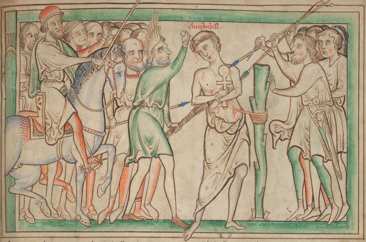 Fig 1: Amphibalus holds St Alban&#039;s cross at his martyrdom, as depicted by the 13th-century abbey historian, Matthew Paris. Picture Credit: Trinity College Dublin