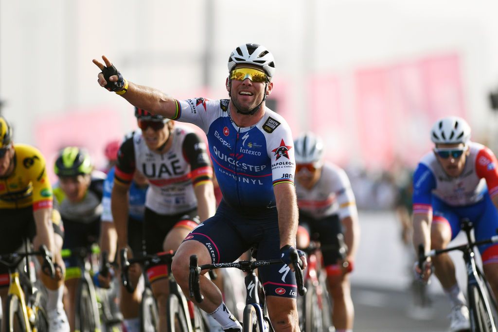 ABU DHABI UNITED ARAB EMIRATES FEBRUARY 21 Mark Cavendish of United Kingdom and Team QuickStep Alpha Vinyl celebrates winning during the 4th UAE Tour 2022 Stage 2 a 176km stage from Hudayriyat Island to Abu Dhabi Breakwater UAETour WorldTour on February 21 2022 in Abu Dhabi United Arab Emirates Photo by Tim de WaeleGetty Images