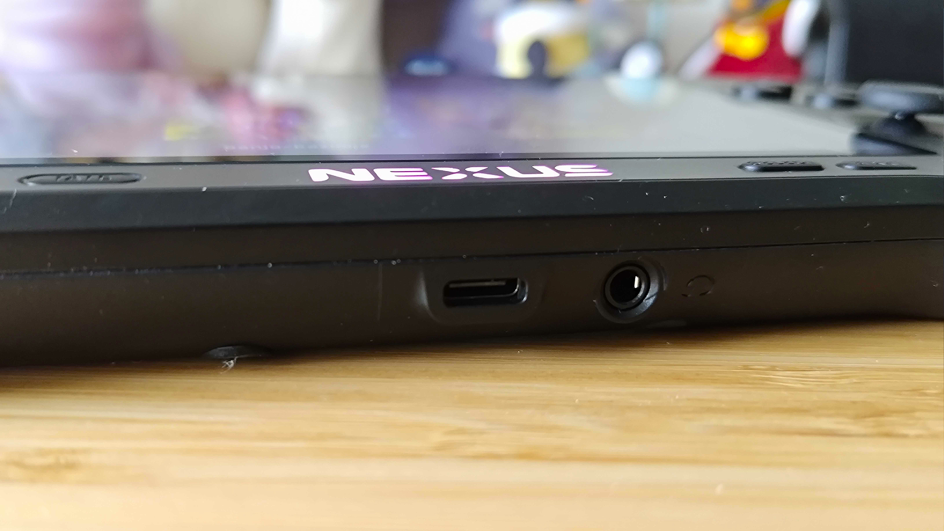 Close up of Evercade Nexus USB-C and 3.5mm headphone jack.