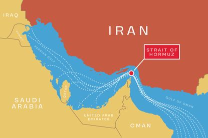 Strait of Hormuz blockade, multicolored map with traffic lines. Waterway between Persian Gulf and Gulf of Oman.