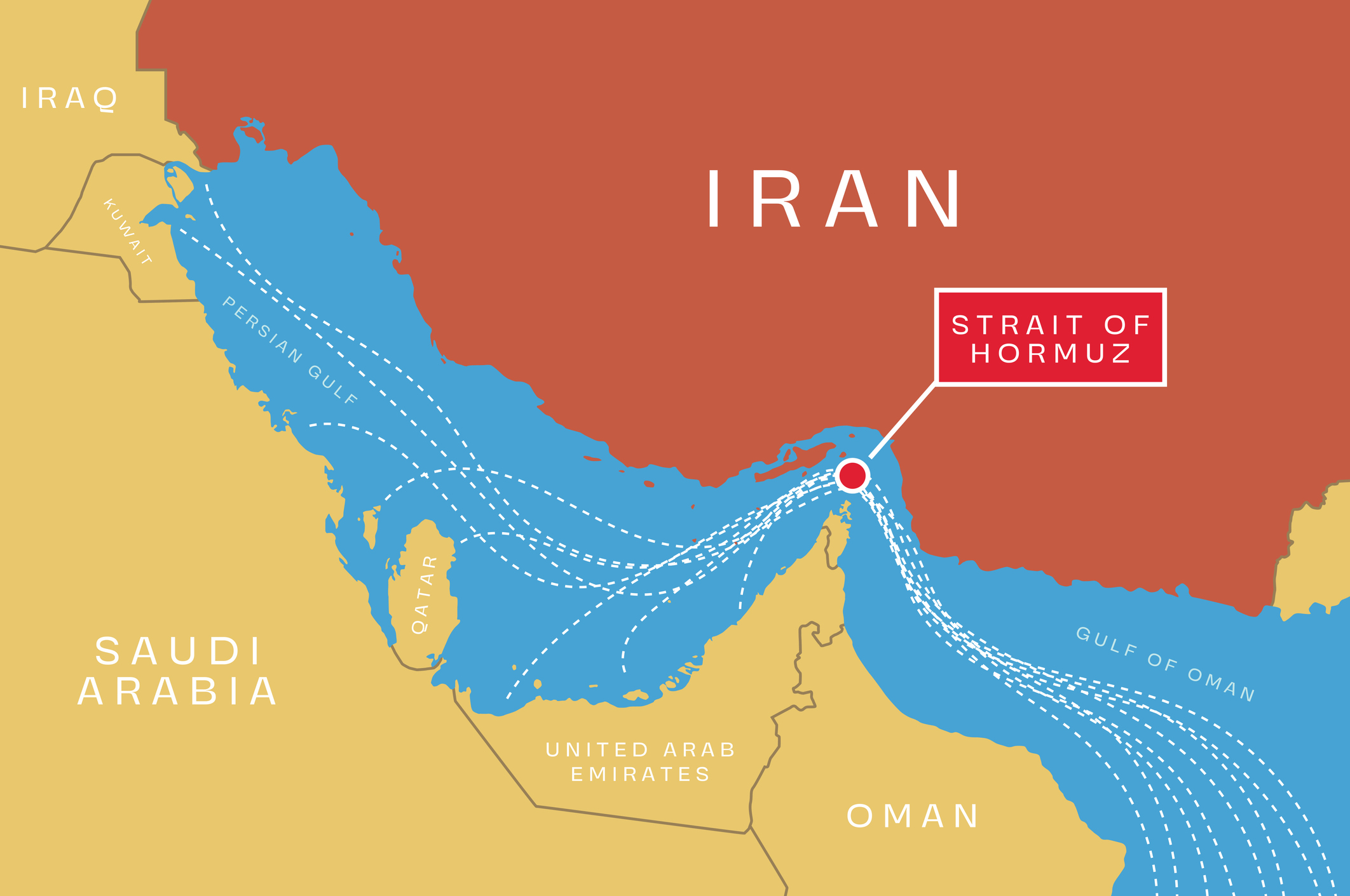 Strait of Hormuz blockade, multicolored map with traffic lines. Waterway between Persian Gulf and Gulf of Oman.