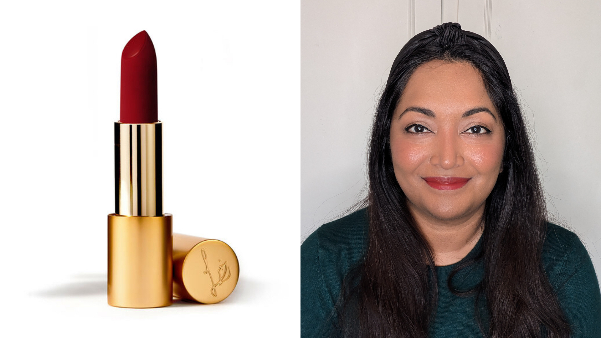 Beauty editor Ayesha wearing Lisa Eldridge True Velvet Lip Colour in Velvet Jazz