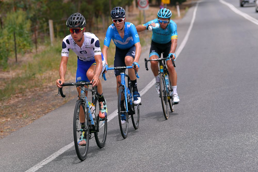 Artyom Zakharov, Jason Lea and Jaime Castrillo in the breakaway during stage 2 at the Tour Down Under