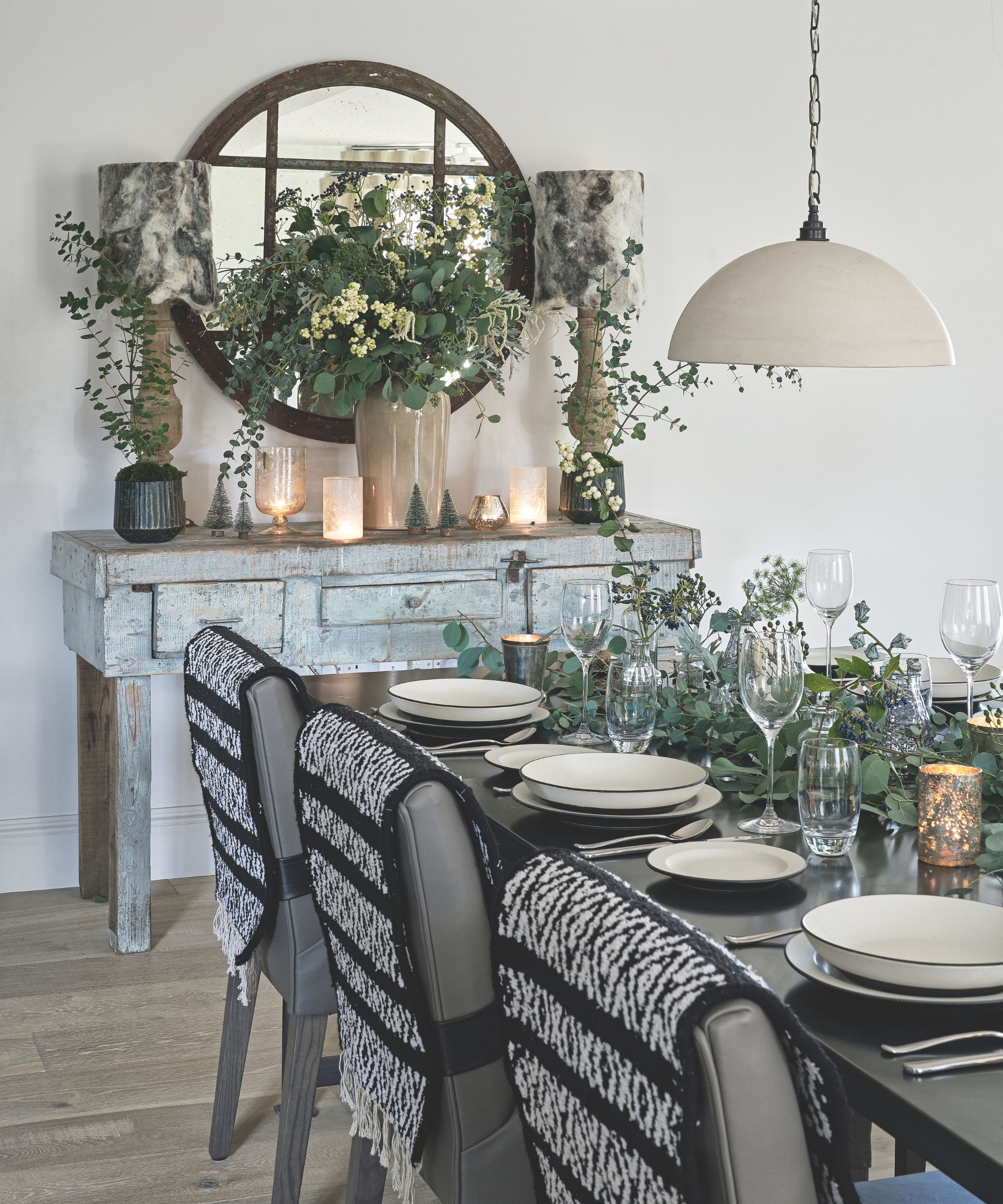 Christmas table with low greenery centerpiece