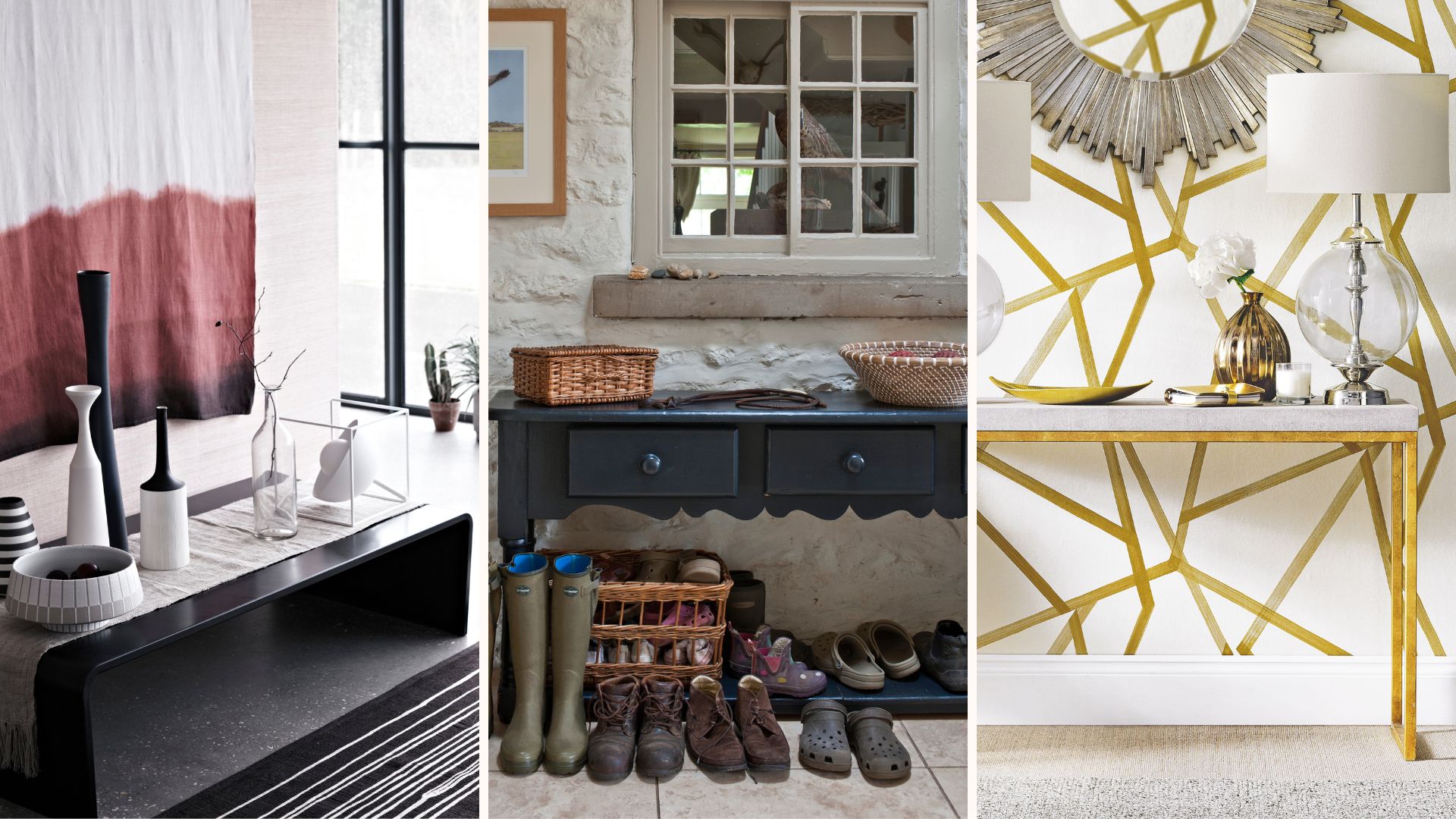 Collage of three hallways with consoles with dishes for displays