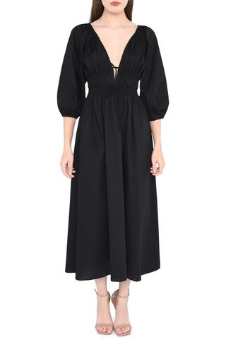 Veronica Ruched Puff Elbow Sleeve Midi Dress
