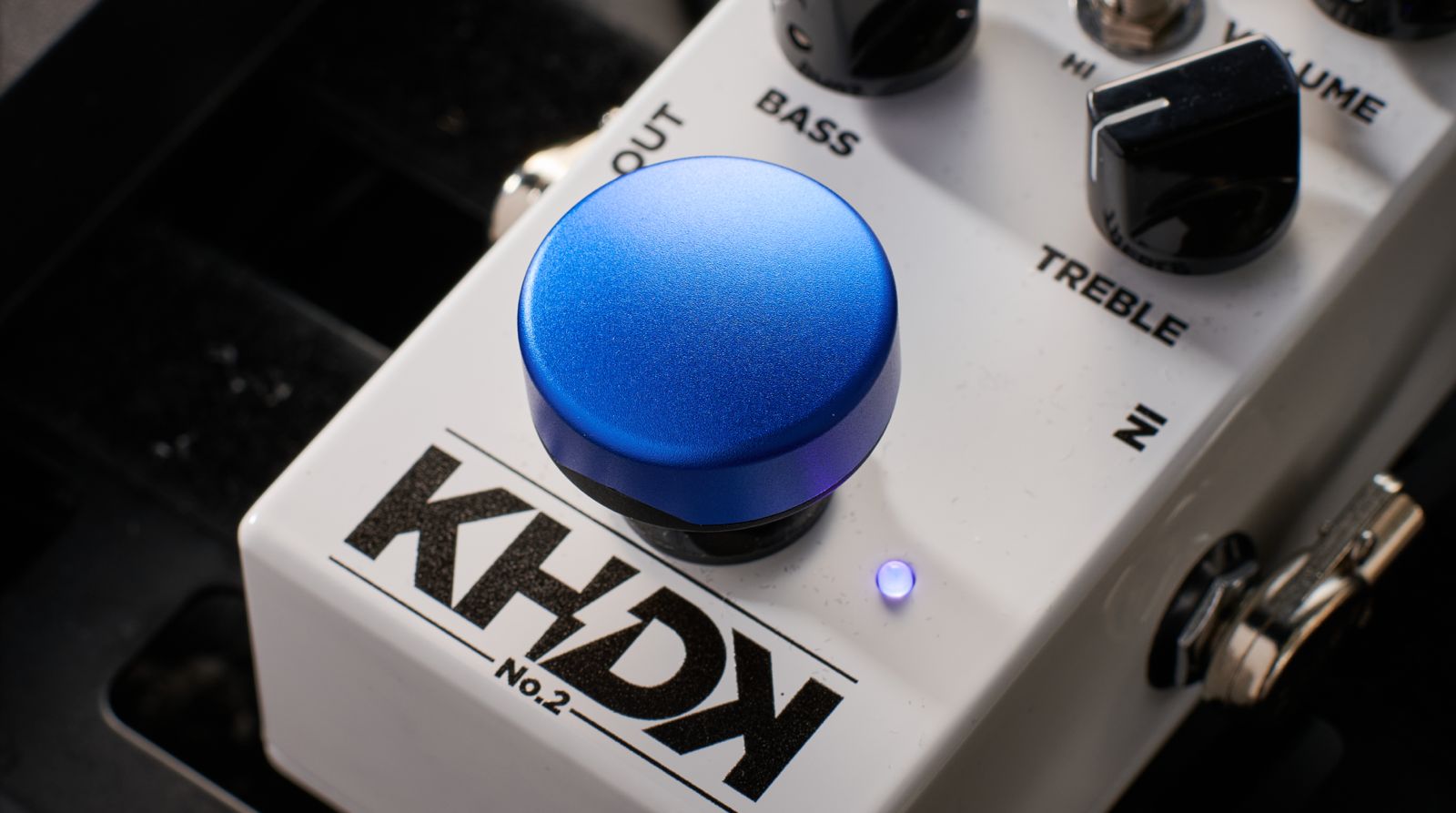 A large blue footswitch topper on a KHDK No. 2 pedal