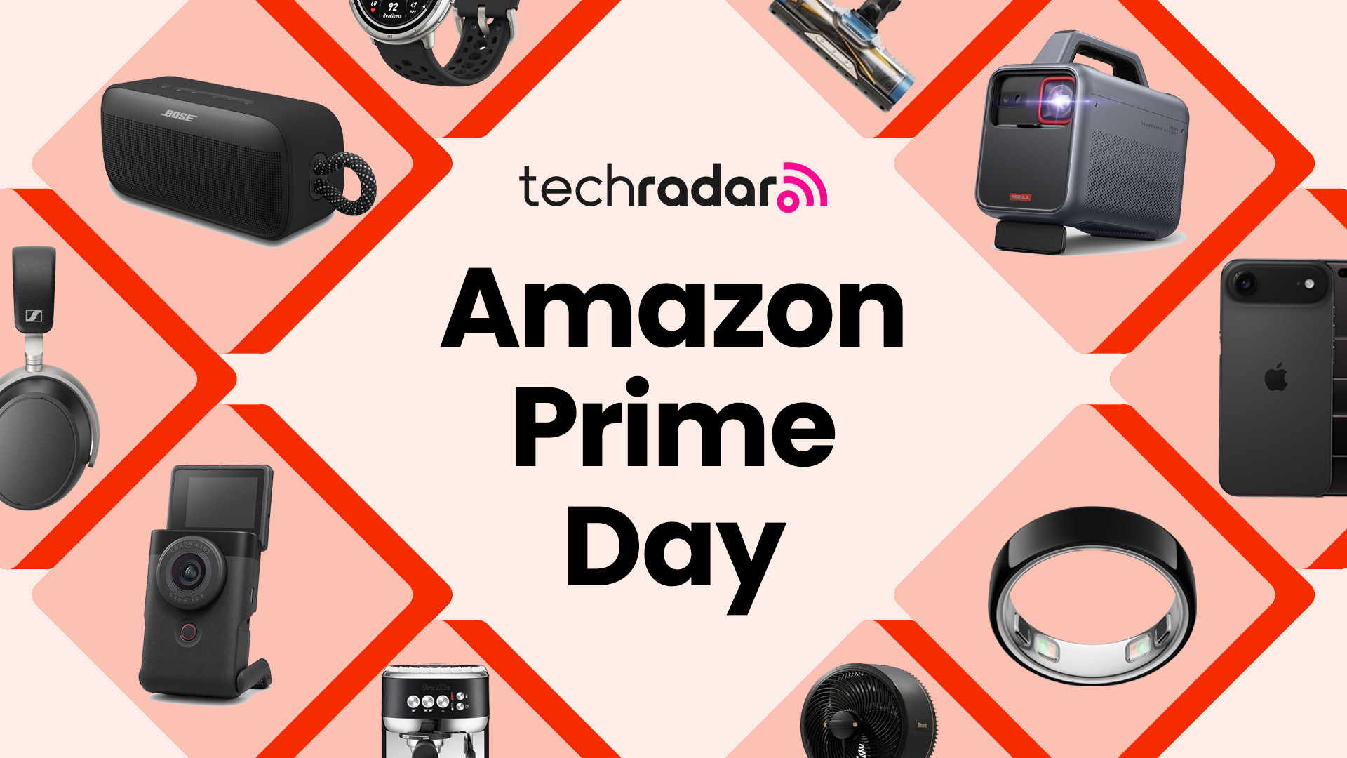 A collection of tech items on Amazon arranged around a TechRadar Prime Day deals badge on a red background