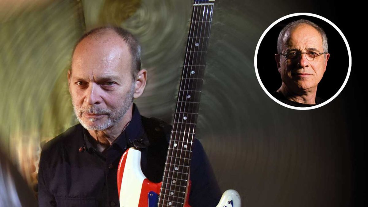 Wayne Kramer backstage holding a guitar with (inset) a Bob Ezrin headshot