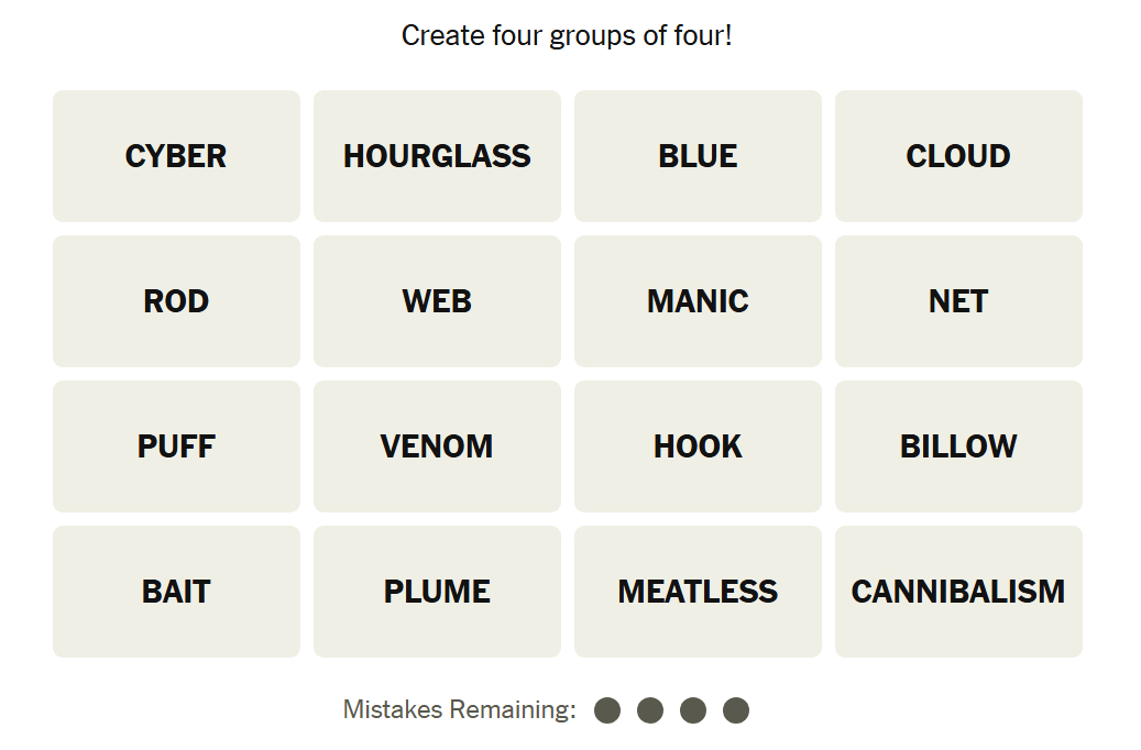 The Unsolved NYT Connections grid for April 20, 2026