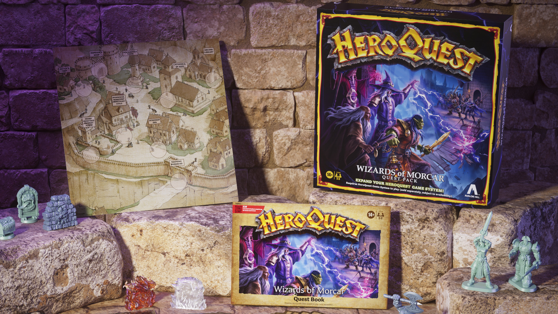 HeroQuest Wizards of Morcar box, book, models, and map laid out on a rustic stone background