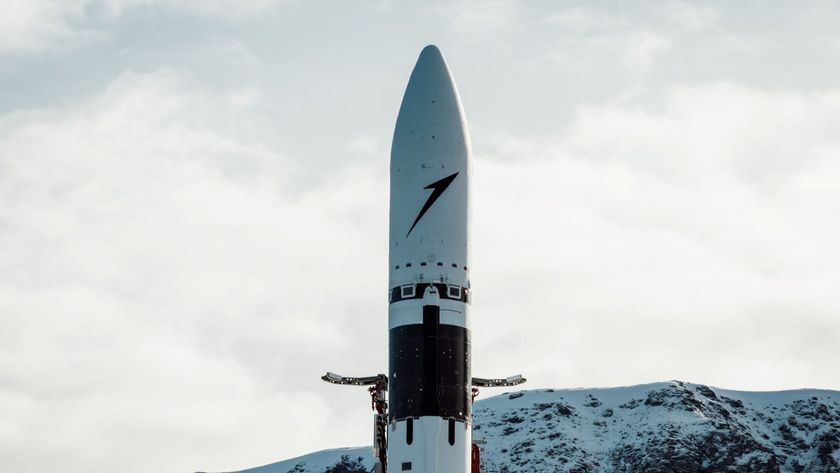 An Isar Aerospace Spectrum rocket stands at Andoya Spaceport in Norway.