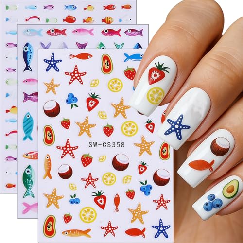 Qeyriyi 3 Sheets Summer Ocean Nail Art Stickers Decals 3d Self-Adhesive Starfish Nail Decals Fish Nail Stickers for Acrylic Nails Summer Vacation Manicure Supplies for Women