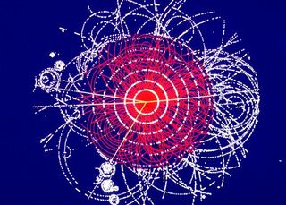 This track is an example of simulated data modelled for the ATLAS detector on the Large Hadron Collider (LHC) at CERN. The Higgs boson is produced in the collision of two protons at 14 TeV and quickly decays into four muons, a type of heavy electron that 