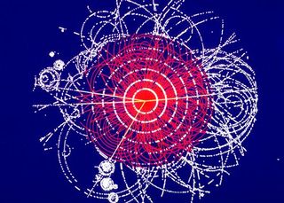 This track is an example of simulated data modelled for the ATLAS detector on the Large Hadron Collider (LHC) at CERN. The Higgs boson is produced in the collision of two protons at 14 TeV and quickly decays into four muons, a type of heavy electron that