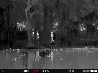 Black and white thermal images of people and wildlife in a park taken on a Pulsar Merger LRF XP35 binocular