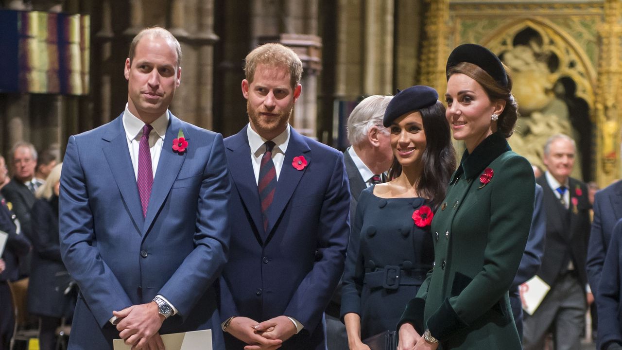 london, england november 11 prince william, duke of cambridge and catherine, duchess of cambridge, prince harry, duke of sussex and meghan, duchess of sussex attend a service marking the centenary of ww1 armistice at westminster abbey on november 11, 2018 in london, england the armistice ending the first world war between the allies and germany was signed at compiègne, france on eleventh hour of the eleventh day of the eleventh month 11am on the 11th november 1918 this day is commemorated as remembrance day with special attention being paid for this year’s centenary photo by paul grover wpa poolgetty images