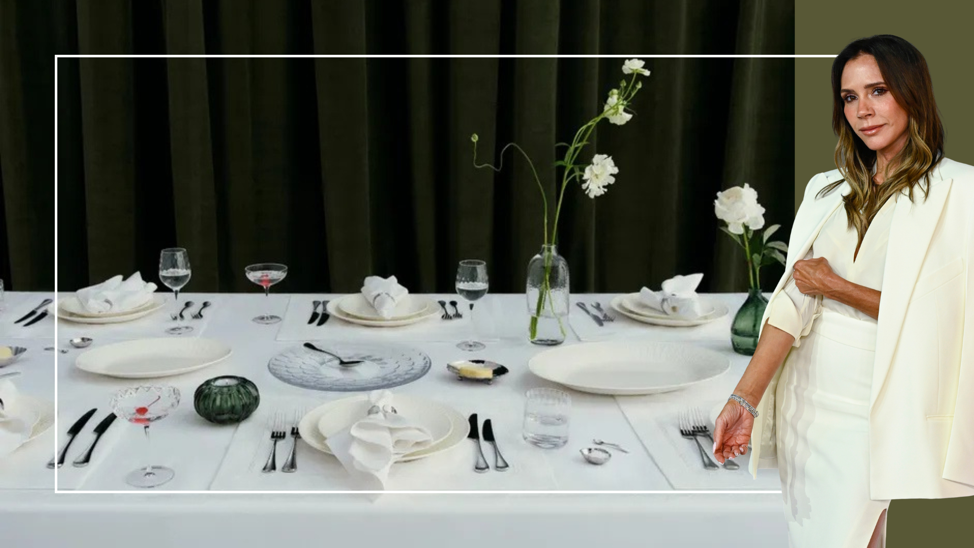 The Victoria Beckham x Westwing laid on a white table with the hammered cutlery, tealight holder, butter dishes, and bud vases, next to a cutout of Victoria Beckham