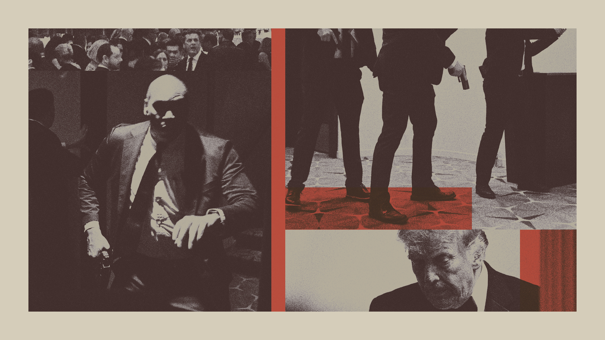 Photo composite illustration of Donald Trump, secret service agents and guests during the WHCA dinner attack