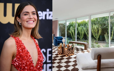 A split screen of Mandy Moore (L) and her living room view of a cacti patch (R)