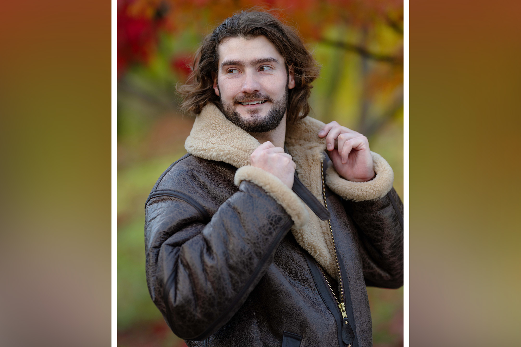 Man in leather jacket in front of blurred autumnal scene