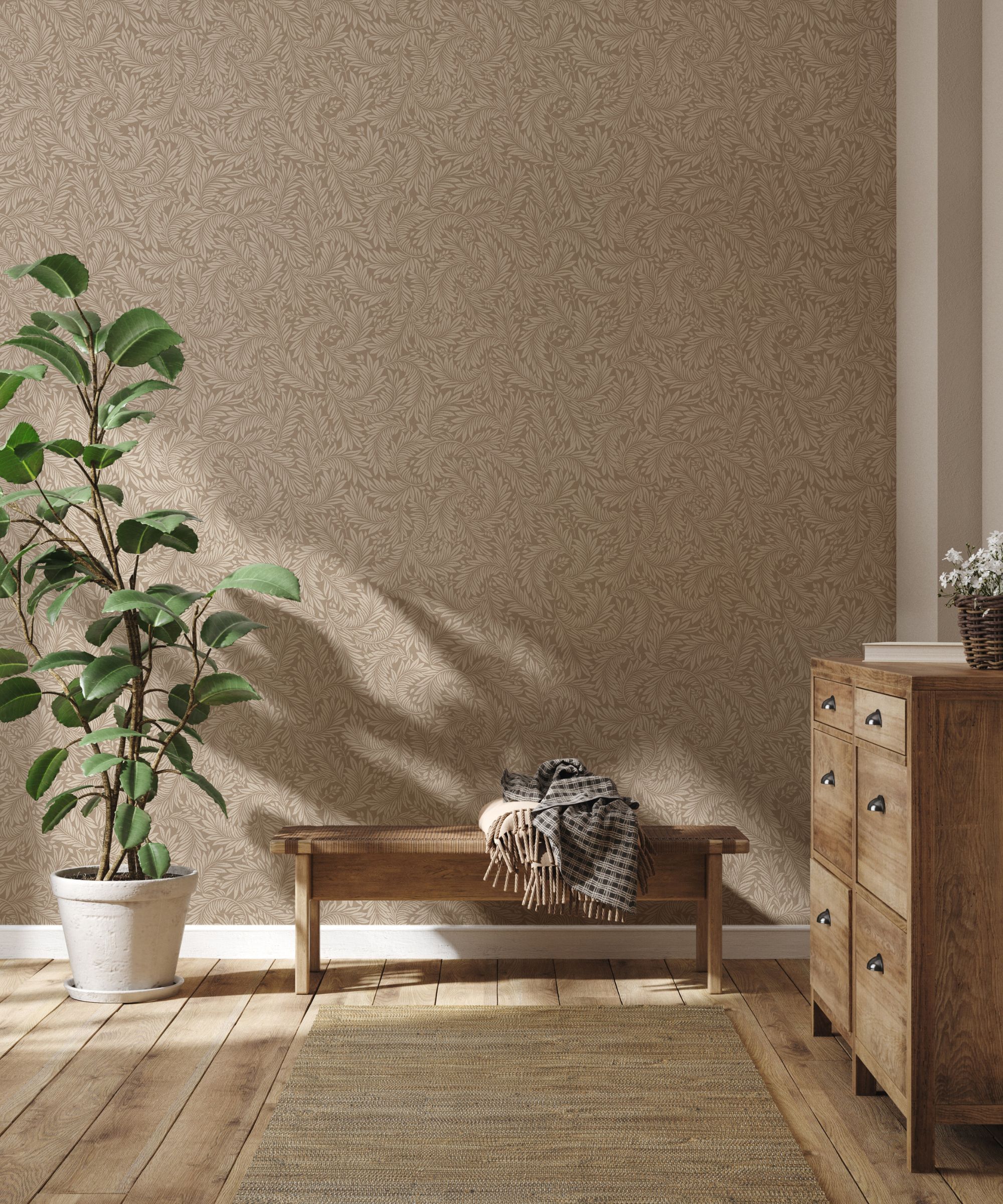 Warm neutral hallway with textured beige wallpaper featuring swirling leaf motifs. Wooden bench, drawers, and indoor plants complete the natural look.