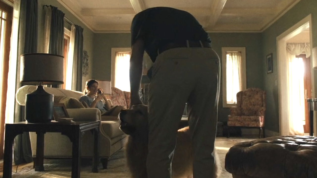 Ron petting a dog in flashback in The Chair Company Episode 4