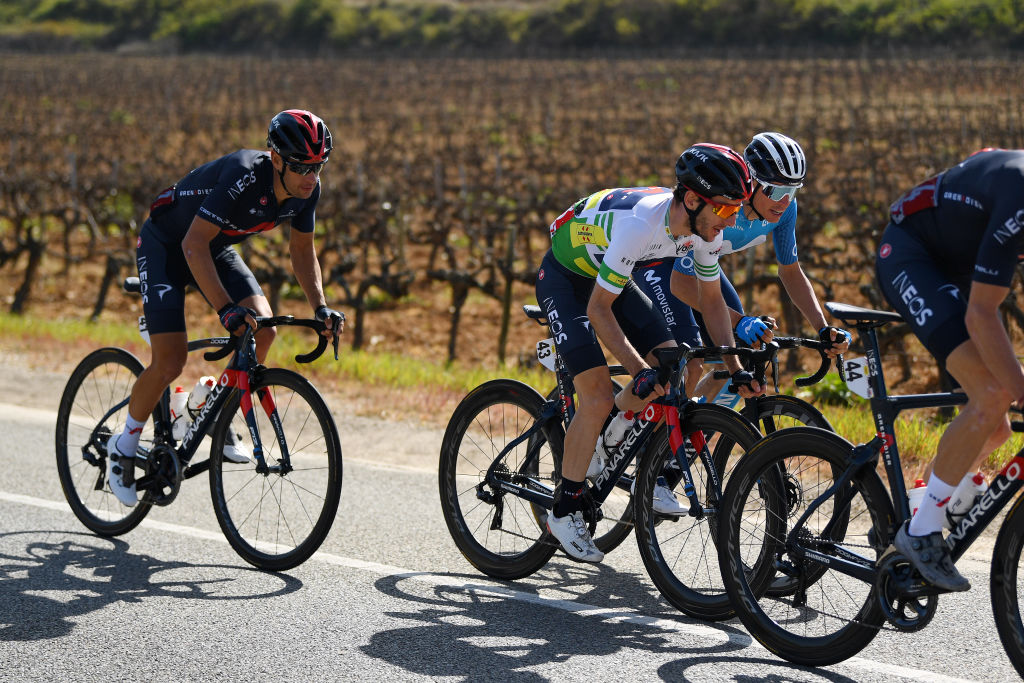BARCELONA SPAIN  MARCH 28 Richie Porte of Australia and Team INEOS Grenadiers Adam Yates of United Kingdom and Team INEOS Grenadiers Green Leader Jersey  Enric Mas Nicolau of Spain and Movistar Team during the 100th Volta Ciclista a Catalunya 2021 Stage 7 a 133km stage from Barcelona to Barcelona  VoltaCatalunya100  on March 28 2021 in Barcelona Spain Photo by David RamosGetty Images