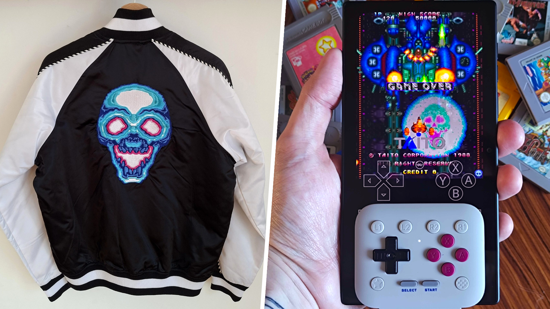 Back view of Truxton jacket by Kumagumi on left and hand holding Razer Edge with Truxton gameplay on right.
