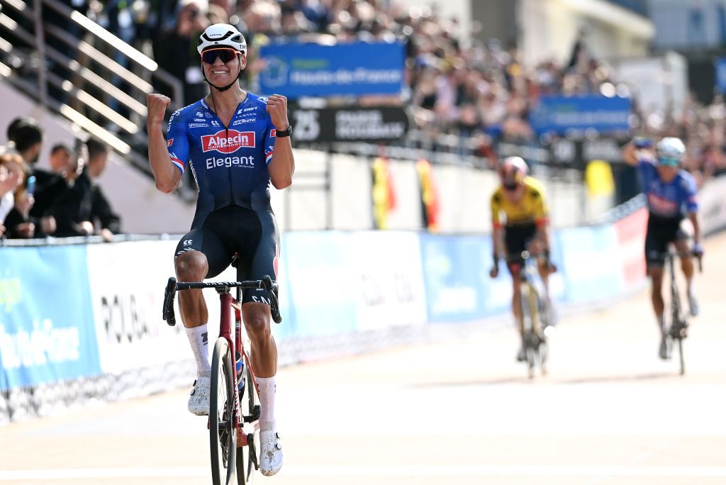 ROUBAIX FRANCE APRIL 09 Mathieu van der Poel of The Netherlands and Team AlpecinDeceuninck celebrates at finish line as race winner during the 120th ParisRoubaix 2023 Mens Elite a 2566km one day race from Compigne to Roubaix on UCIWT April 09 2023 in Roubaix France Photo by Tim de WaeleGetty Images