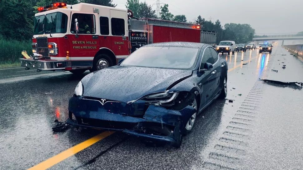 Tesla model 3 that got into an accident on the highway. -- Cropped