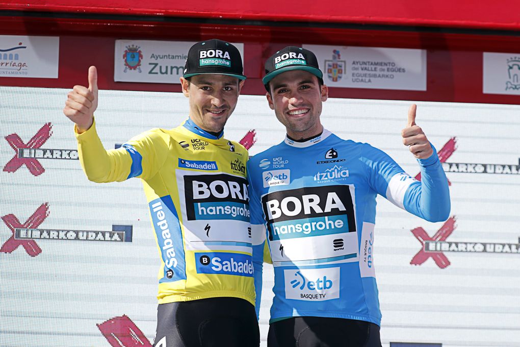 Emanuel Buchmann and max Schachmann on the podium after stage 5 at Pais Vasco