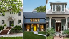 three images of home exteriors: white painted brick; dark exterior yellow door; colonial home with blue shutters