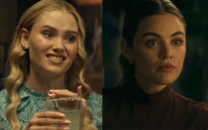 Virginia Gardner with a drink and Lucy Hale looking intently 