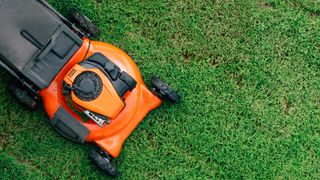 An orange lawn mower cutting the grass