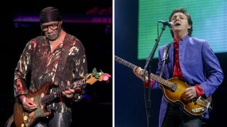 Left-Ernie Isley, of The Isley Brothers, performs on stage in concert at Smart Financial Centre on September 15, 2024 in Sugar Land, Texas; Right-Paul McCartney plays his Höfner 500/1 violin bass as he performs on the main Pyramid Stage during the 2004 Glastonbury Festival at Worthy Farm in Pilton, Somerset on June 26, 2004 near Glastonbury, England