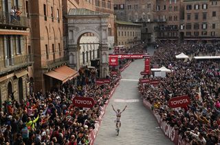 SIENA ITALY MARCH 08 Tadej Pogacar of Slovenia and UAE Team EmiratesXRG celebrates at finish line as race winner competes during the 19th Strade Bianche 2025 Mens Elite a 213km one day race from Siena to Siena 320m UCIWT on March 08 2025 in Siena Italy Photo by Dario BelingheriGetty Images