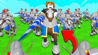 A Roblox character rides a horse and leads his units in Command an Army.