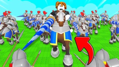 A Roblox character rides a horse and leads his units in Command an Army.