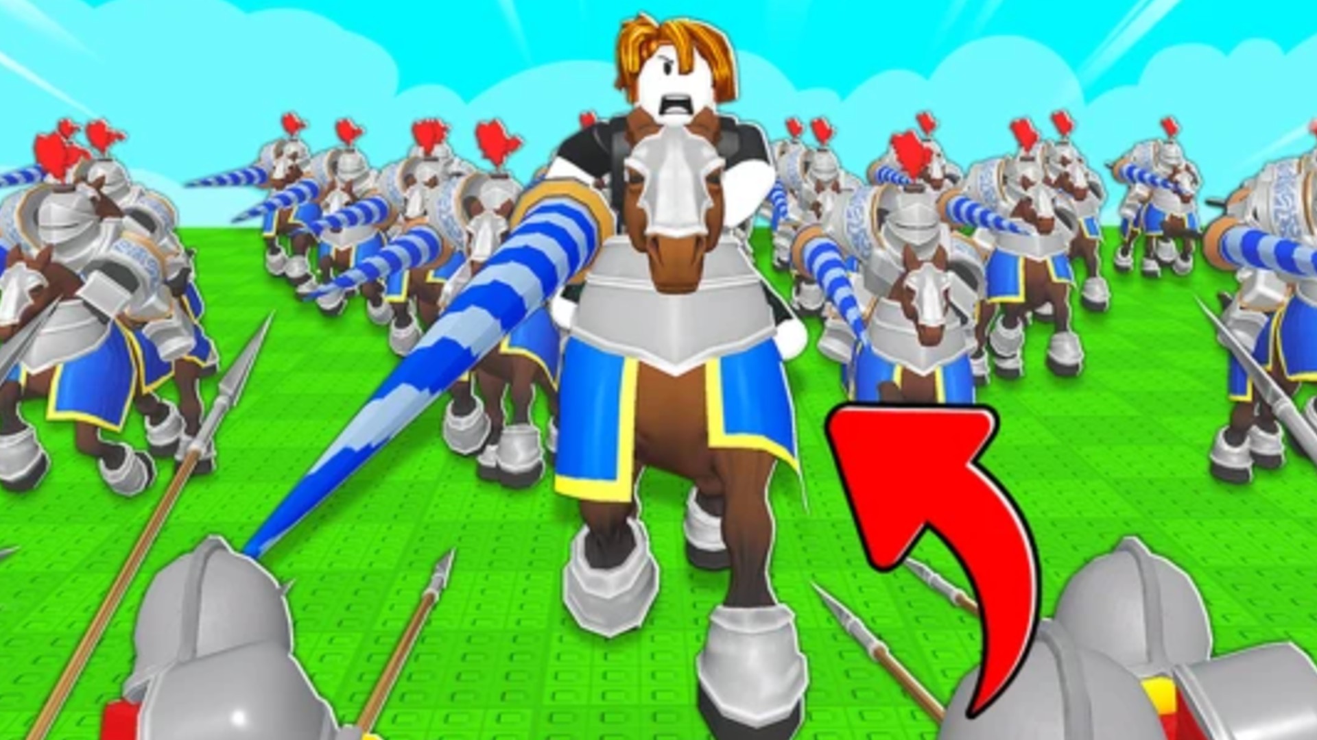 A Roblox character rides a horse and leads his units in Command an Army.