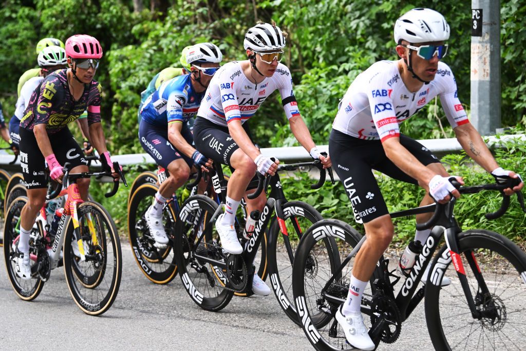 TORINO ITALY MAY 04 LR Esteban Chaves of Colombia and Team EF Education EasyPost and Tadej Pogacar of Slovenia and UAE Team Emirates compete during the 107th Giro dItalia 2024 Stage 1 a 140km stage from Venaria Reale to Torino UCIWT on May 04 2024 in Torino Italy Photo by Dario BelingheriGetty Images