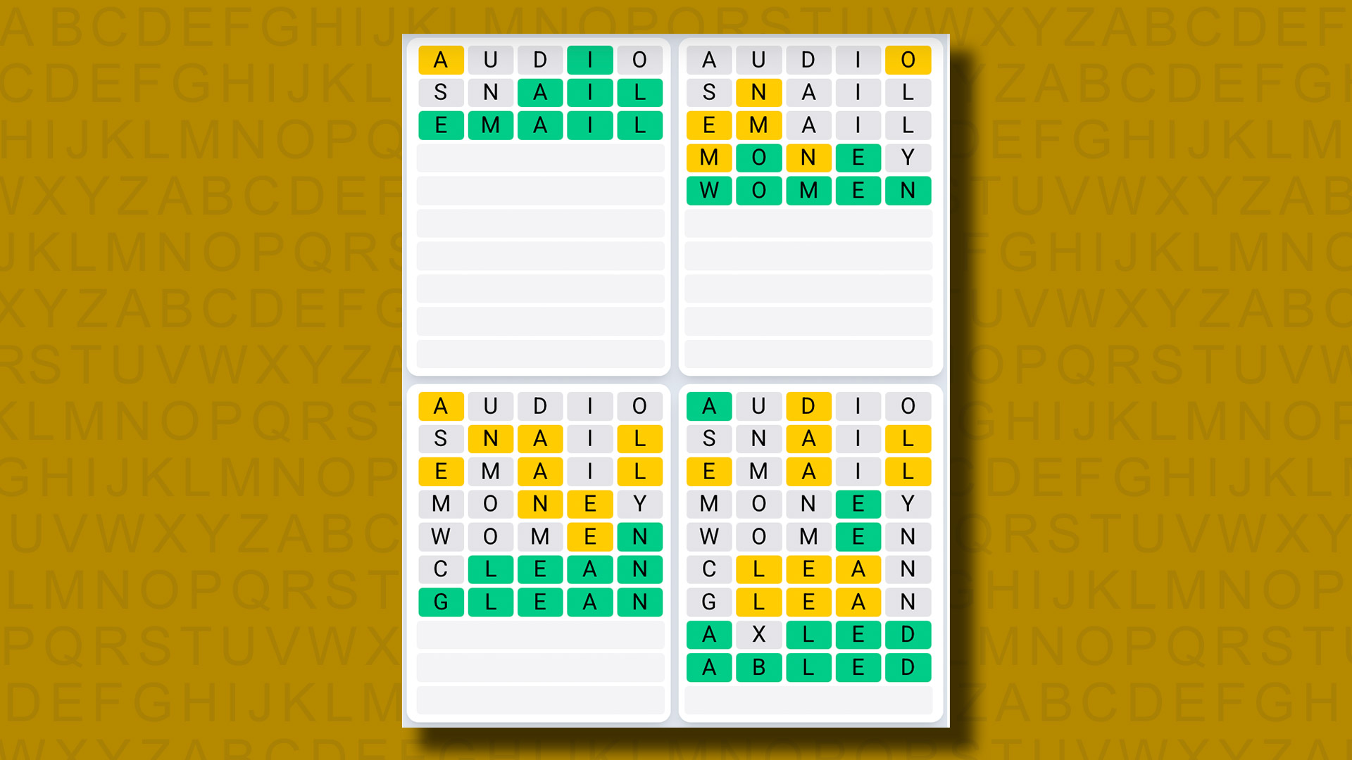 Quordle Daily Sequence answers for game 1205 on a yellow background