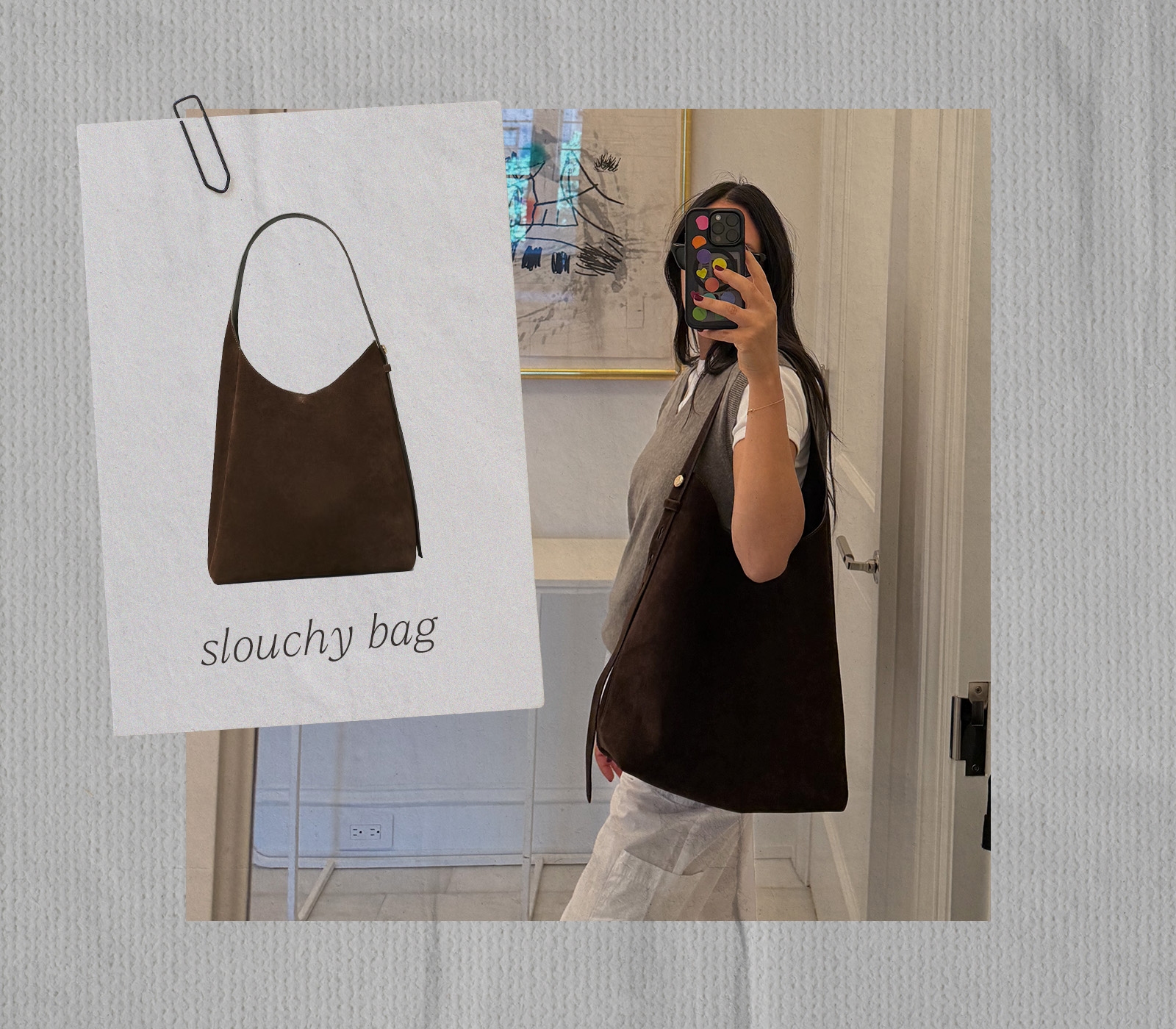 @nicoleakhtarzad wearing a slouchy tote bag.